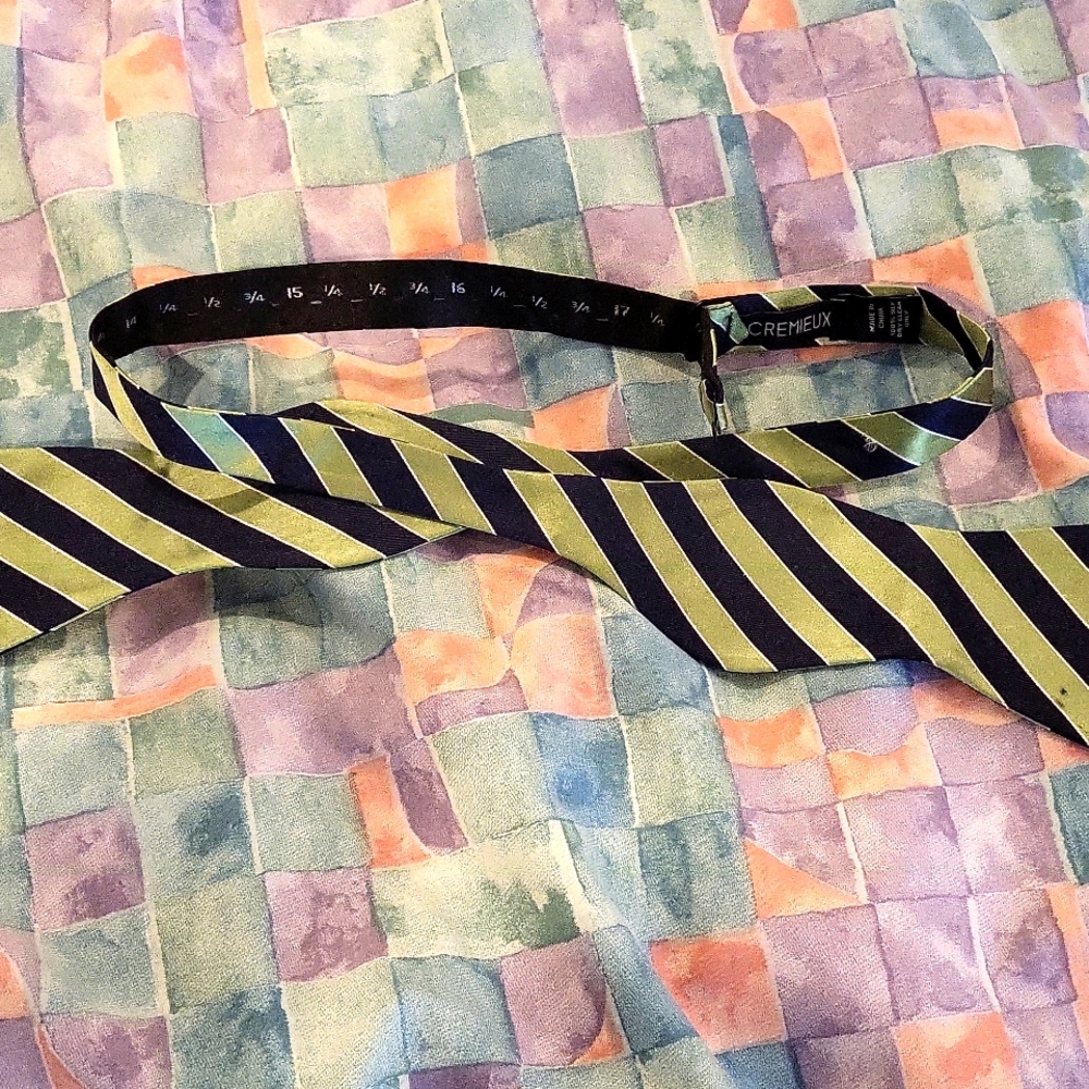 Adjustable silk bow tie. Green blue stripes.